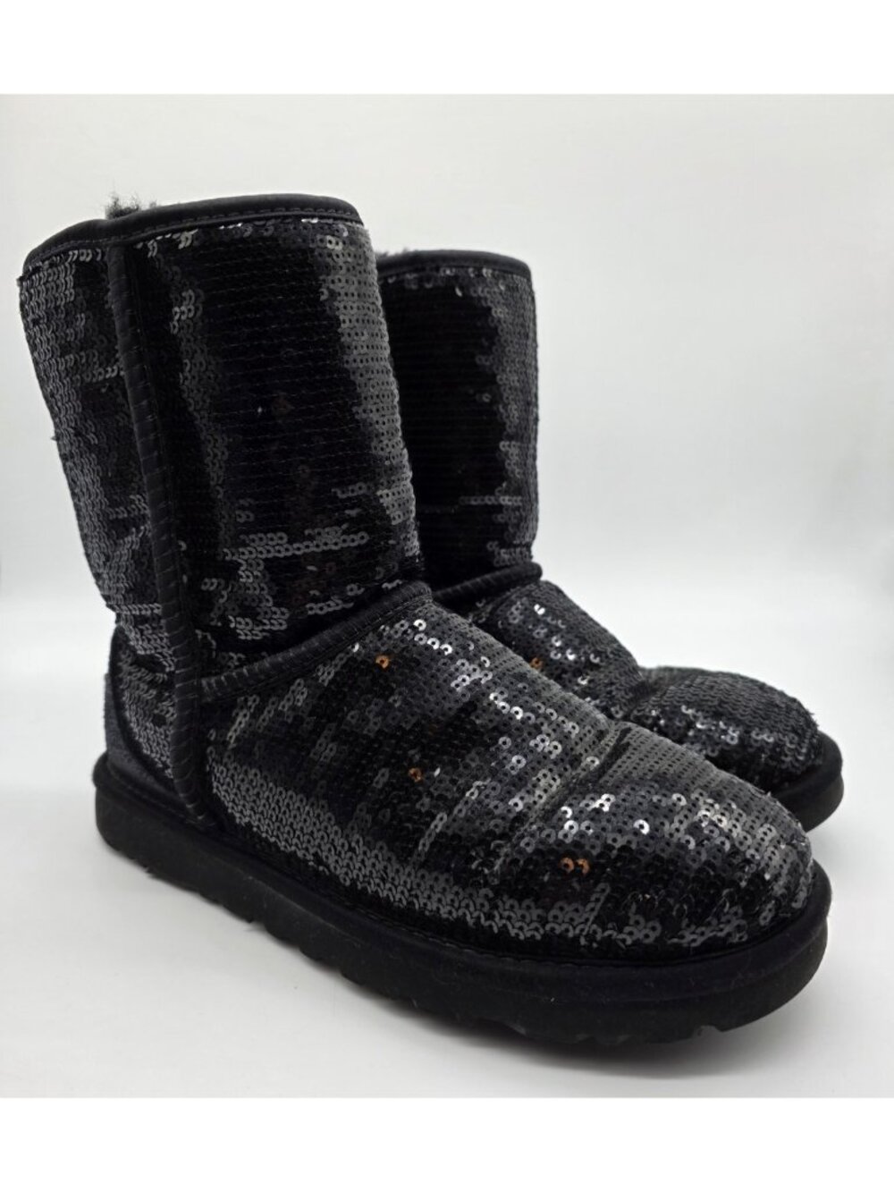 UGG Women's Boots Size 6 Black Short Sequin Sparkle Wool Lined Flat Eva Shoes